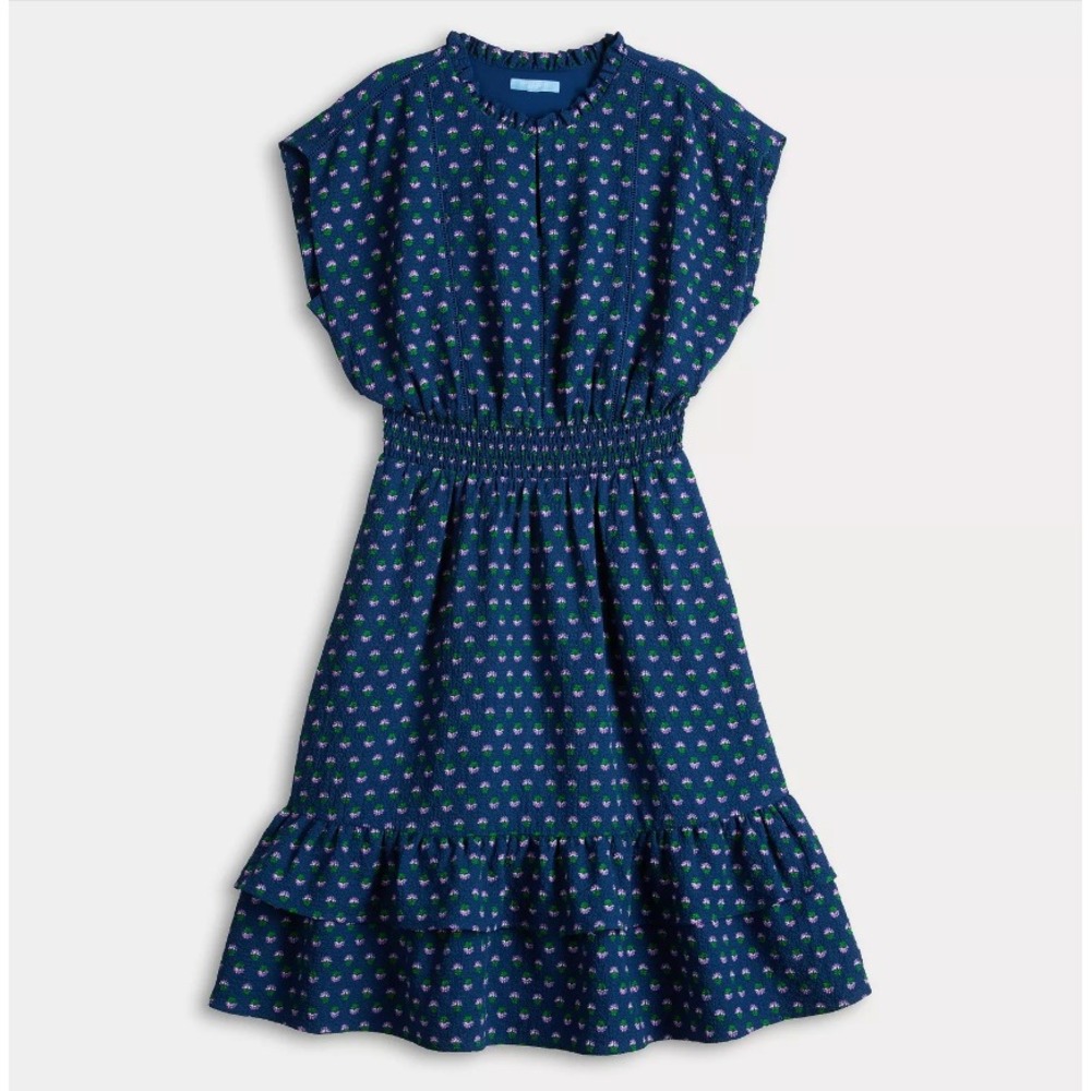 Draper James Blue Floral Smocked Waist Tiered Ruffle Hem Dress Midi Medium